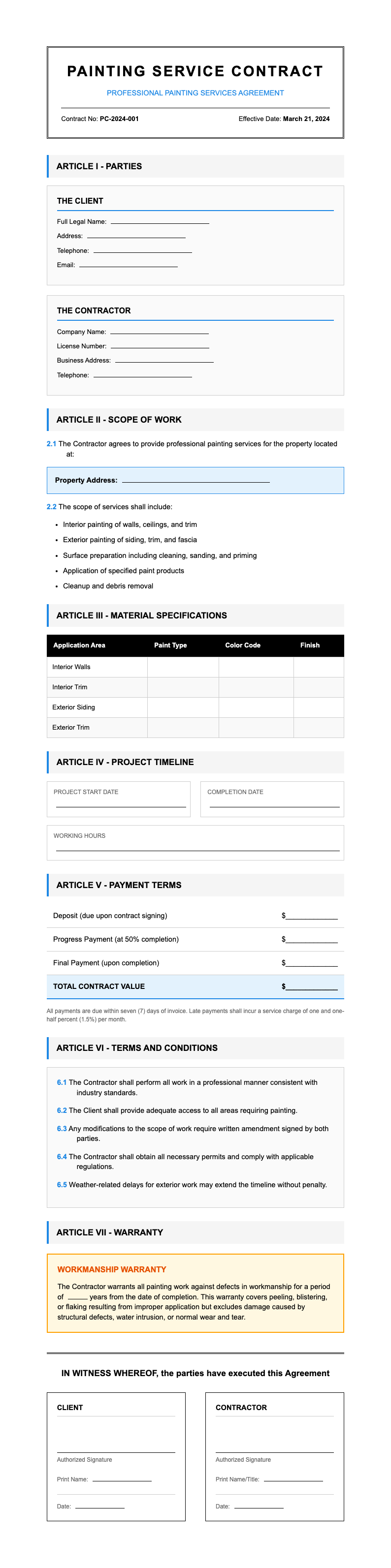 Legal formal painting contract